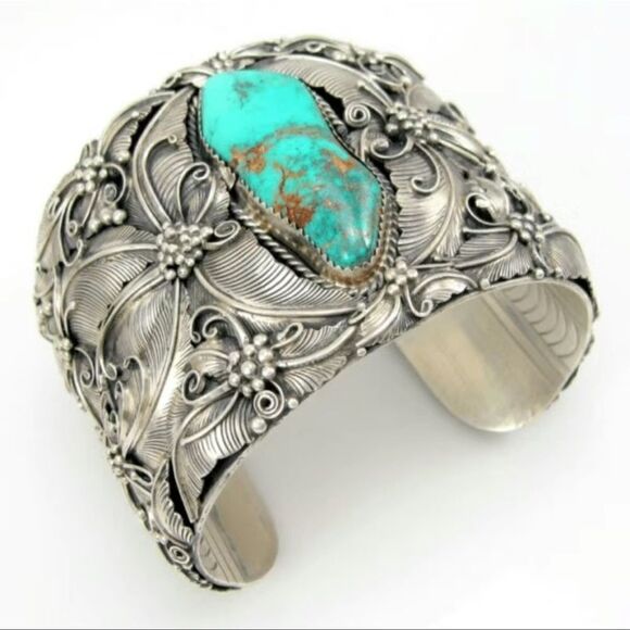 Silver Tone Vintage Cuff Bangle Bracelet Boho Style Turquoise Silver Toned - Picture 8 of 9